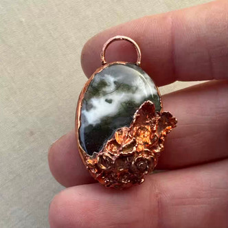 36x24mm Electroformed Pendant Moss Agate Flowers Artisan Copper Per Pc