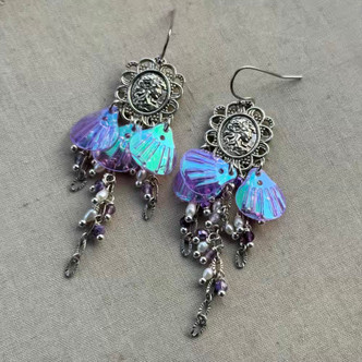 Victorian Mermaid Pearl Earrings Silver Cameo Sequin Artisan Made in the USA Per Pair