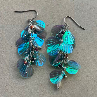 Aqua Seashell Pearl Earrings Silver Sequin Mermaid Fin Artisan Made in the USA Per Pair