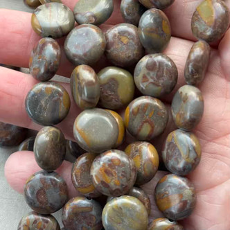 14mm Bamboo Jasper Smooth Coin Semi Precious Stone Beads Per Strand