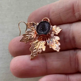Maple Leaf Tabasco Geode Electroformed Earrings Copper Artisan Made in the USA Per Pair