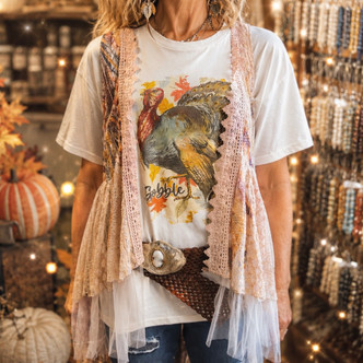 Gobble Gobble Turkey Thanksgiving Graphic Tee Rhinestone Top Sugar Stitch