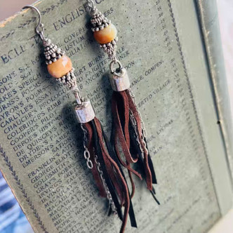 Pastoral Leather Tassel Earrings Antique Silver Artisan Made in the USA Per Pair