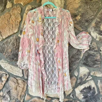 Pink Daisy Sunflower Lace Ruffle Kimono Cardigan Origami