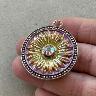 44mm Sunflower Medallion Pendant Golden Autumn Artisan Hand Painted Per Pc