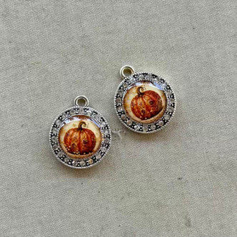 21x18mm Autumn Pumpkin Glitter Resin Charms Rhinestone Antique Silver Plated Per Pair