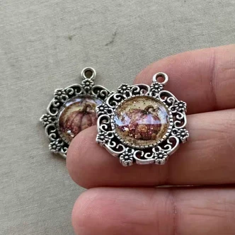 30x24mm Autumn Pumpkin Glitter Resin Charms Filigree Antique Silver Plated Per Pair