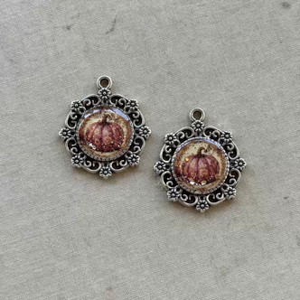 30x24mm Autumn Pumpkin Glitter Resin Charms Filigree Antique Silver Plated Per Pair