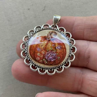 48x40mm Autumn Pumpkin Pendant Hand Poured Glitter Resin Silver Per Pc