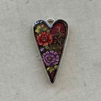 52x29mm Autumn Flower Heart Pendant Hand Poured Glitter Resin Silver Per Pc