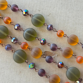 Autumn Afterglow Sea Glass Beaded Chain Multi Shape Crystal Antique Copper Plated Per Foot