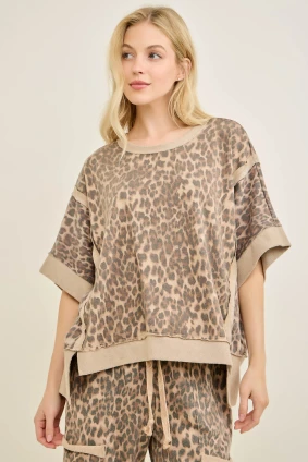 Leopard Cheetah Print Terry Crewneck Top Batwing Shirt J Her