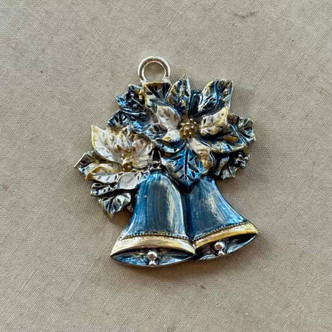 Blue Christmas Bells Pendant Poinsettia Flowers Artisan 52mm Per Pc