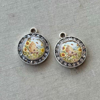 21x18mm Bee Hive Glitter Resin Charms Rhinestone Antique Silver Plated Per Pair