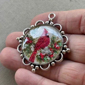 48x43mm Christmas Cardinal Pendant Hand Poured Glitter Resin Silver Per Pc