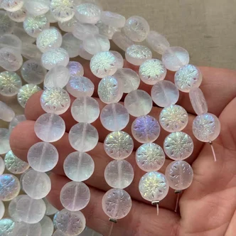 12mm Snowflake Beads Coin Czech Glass Matte Clear AB Per Strand