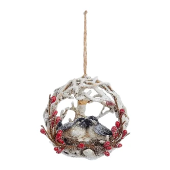 Chickadees with Eggs in Birch Nest Ball Ornament Christmas Glitter Resin 4 Inch Per Pc