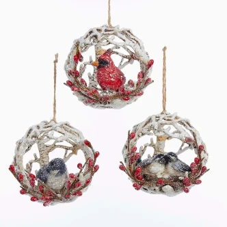 Cardinal in Birch Nest Ball Ornament Christmas Glitter Resin 4 Inch Per Pc