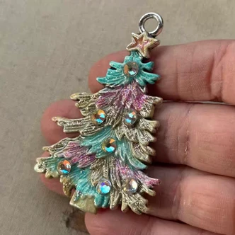 Sugarplum Blue Rhinestone Christmas Tree Hand Painted Artisan Pendant Per Pc