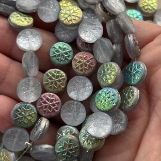 12mm Snowflake Beads Coin Czech Glass Matte Crystal Aurora Per Strand