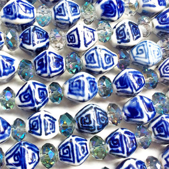 Blue White China Maze Motif 13x10mm Bicone Ceramic Beads Per Strand