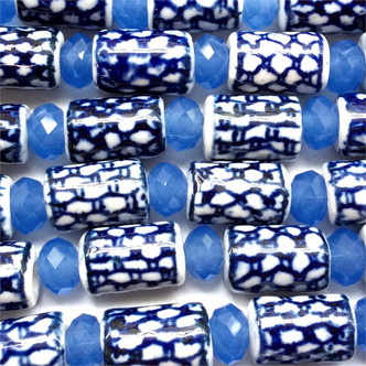 Blue White China Fish Scales Motif 14x9mm Cylinder Ceramic Beads Per Strand