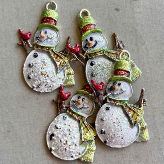 McFrosty Snowman Pendant Cardinal Artisan Hand Painted Green Red Vintage Per Pc