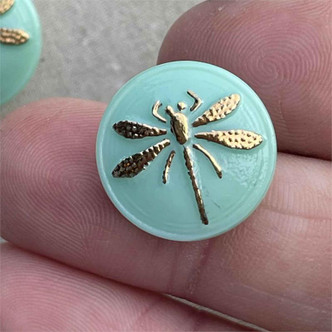 18mm Czech Glass Button Dragonfly Gilded Mint Q1 Per Pc
