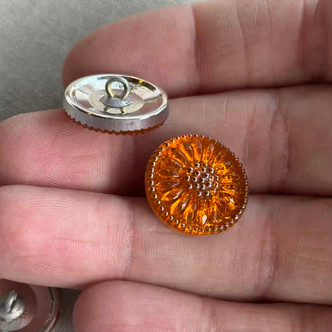 18mm Czech Glass Button Daisy Pumpkin Silver Q1 Per Pc