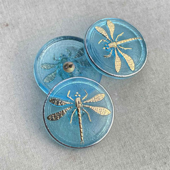 31mm Czech Glass Button Dragonfly Gilded Aqua Q1 Per Pc