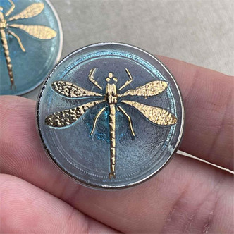31mm Czech Glass Button Dragonfly Gilded Aqua Q1 Per Pc