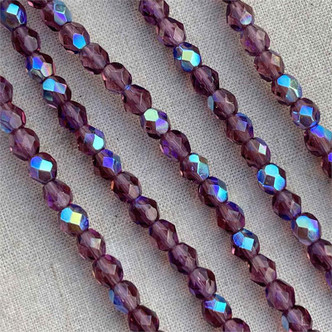 4mm Amethyst AB Faceted Fire Polish Czech Glass Round 50 Beads Per Strand