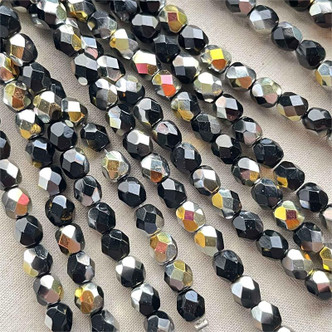 6mm Fire Polish Czech Glass Faceted Round Jet Marea 25 Beads Per Strand