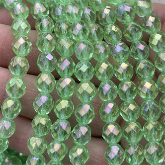 8mm Chrysolite Iris Luster Faceted Fire Polish Czech Glass Round 25 Beads Per Strand