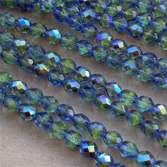 8mm Lime Blue AB Faceted Fire Polish Czech Glass Round 25 Beads Per Strand