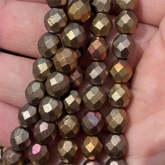 8mm Matte Glitzy Gold Mix Faceted Fire Polish Czech Glass Round 25 Beads Per Strand