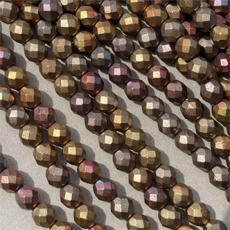 8mm Matte Glitzy Gold Mix Faceted Fire Polish Czech Glass Round 25 Beads Per Strand