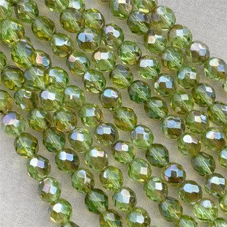 8mm Peridot Celsian Faceted Fire Polish Czech Glass Round 25 Beads Per Strand