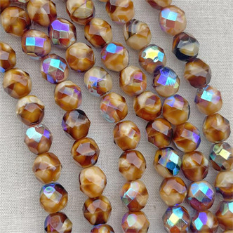 8mm Toasted Caramel AB Ombre Faceted Fire Polish Czech Glass Round 23-25 Beads Per Strand