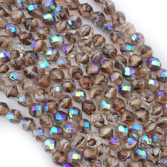 8mm Tortoiseshell Cocoa AB Ombre Faceted Fire Polish Czech Glass Round 23-25 Beads Per Strand