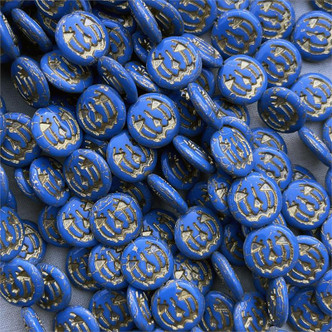 Pumpkin Jack O Lantern Czech Glass 14mm Gilded Cerulean 10 Beads Per Strand
