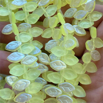 12x7mm Matte Atomic Lemon AB Pressed Leaf Czech Glass 25 Beads Per Strand