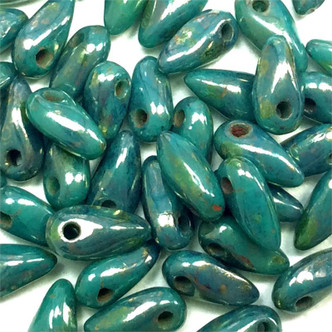 Persian Turquoise Bronze Picasso 2.5x6mm Czech Glass Mini Dagger Beads per Tube