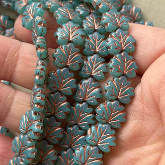 13x11mm Maple Leaf Beads Czech Glass Blue Opal Copper 20Pcs Per Strand