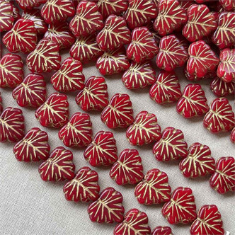 Maple Leaf Czech Glass 13x11mm Gilded Old World Red 15 Beads Per Strand