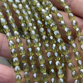 6x4mm Olivine Luster Rice Oval Fire Polish Czech Glass Beads 25Pcs Per Strand