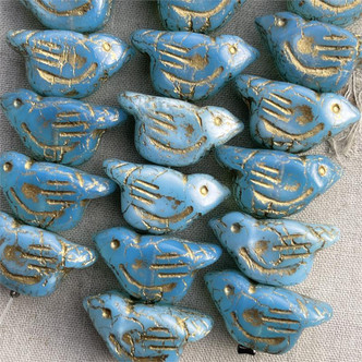 22x11mm Sparrow Bird Czech Glass Beads Gilded Blue Opal 6Pcs Per Strand