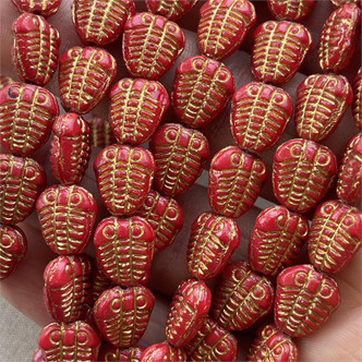 Trilobite Beads Carved Czech Glass 11x10mm Scarlet Gold 12 Pcs Per Strand