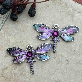 Demoiselle Purple Green Dragonfly Small Charms Hand Painted 44x25mm Per Pair