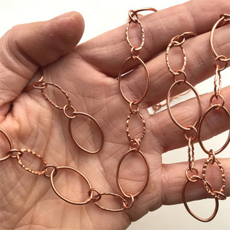 20x13mm Smooth and Textured Ovals Solid Copper Chain Soldered Raw Bali Old Stock Per Foot